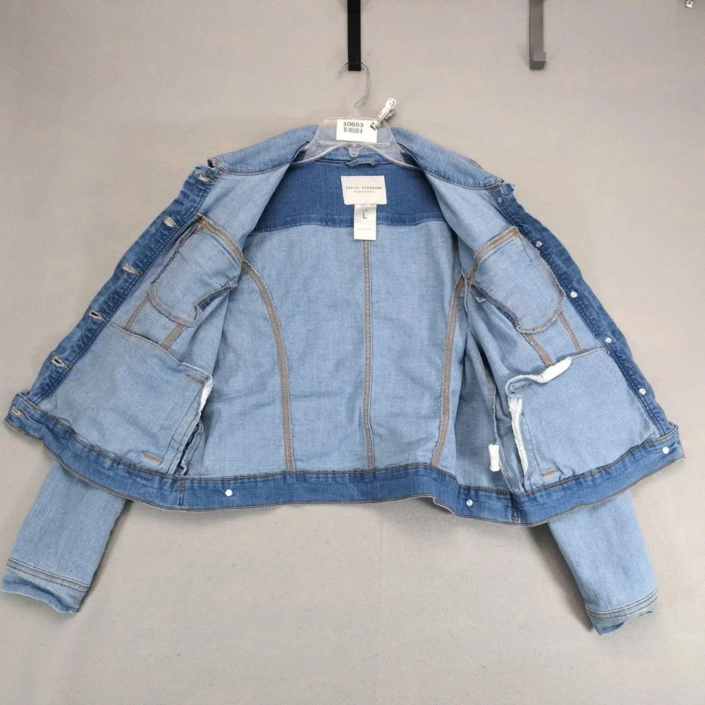 Social Standard by Sanctuary Blue Jean Jacket Womens L Stretch Denim Trucker Y2K